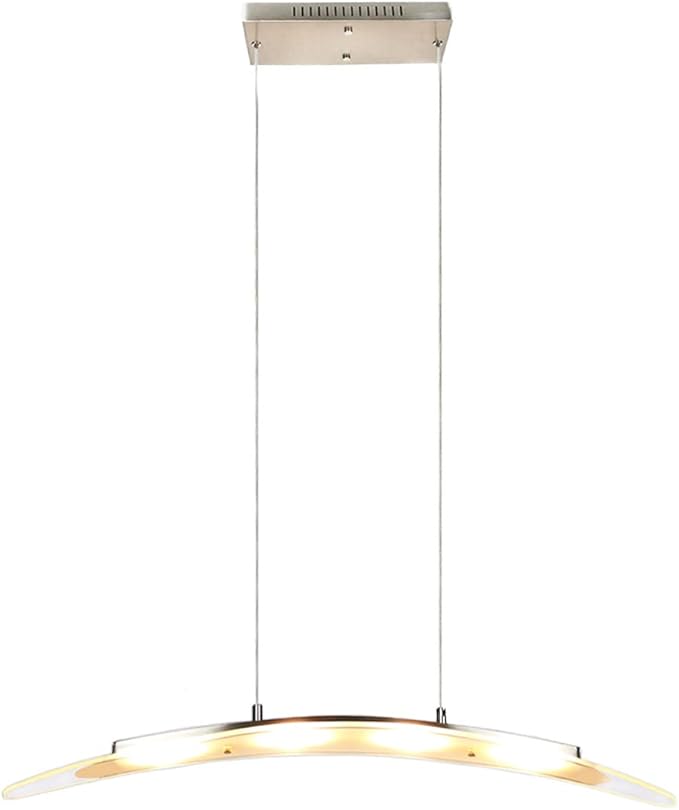 LED Pendant Light Chandelier Streamlined Cambered Glass Hanging Lamp 31.5“ 18W Warm Colored Height Adjustable for Kitchen Island Dining Study Room Restaurant Housewarming, Satin Nickel.