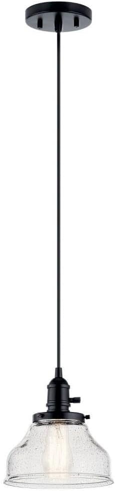 Kichler Avery Bell Mini Pendant Light Fixture with Clear Seeded Glass, Single Industrial Hanging Light in Black for Kitchen Island, Living Room, or Bedroom (8" x 8.5"), 43850BK