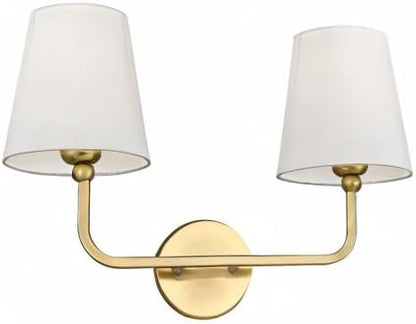 2 Light Bathroom Vanity Light, Brushed Gold Double Wall Sconce with Flared White Fabric Shade, Modern Sconces Wall Lighting for Hallway Bedroom Stairway, VL837-BG