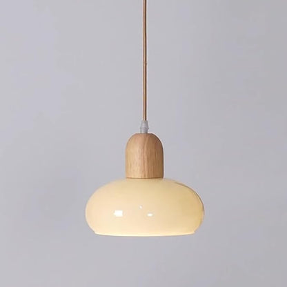 Glass Dome Pendant Light Cream Glass Hanging Ceiling Lamp Kitchen Island Pendant Lighting, Modern Wood Suspended Lights for Dining Table Bedroom Living Room Restaurant 7.87″ Pendant Lamps