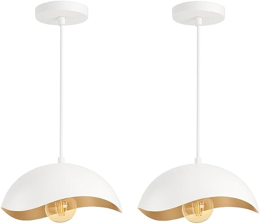 Modern White LED Pendant Light (LED Bulb Included), Soft Ambient Hanging Lamp, Minimalist Ceiling Fixture for Kitchen Island, Dining Room, Scandinavian Style Lighting (2 Pack)