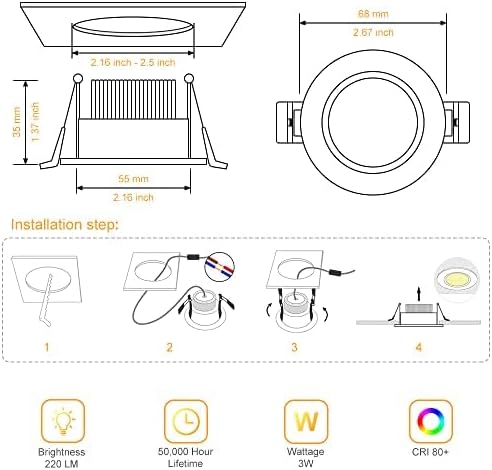 2 Inch LED Downlight, 3W Recessed Lighting Dimmable Ceiling Light Kit, 5000K Daylight White, CRI80 Black LED Can Lights with Driver(35W Halogen Equivalent), 10 Pack