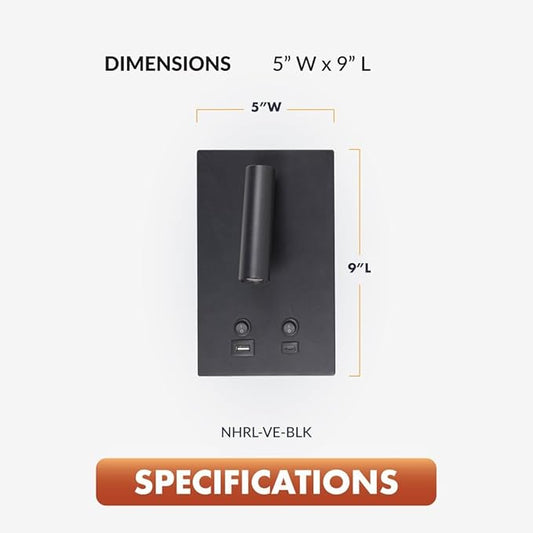 Newhouse Lighting 5 in. W x 9 in. L Vera Spotlight Reading Light in Matte Black with USB-A and USB-C Charging Ports NHRL-VE-BLK, Bedside Lamp for Nightstands, Space-Saving Office Desk Accessory