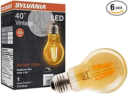 Sylvania A19 LED Vintage Light Bulb, 40W Equivalent Efficient 4.5W, 13 Year, 380 Lumens, Dimmable, Amber Glow - (75347) (Pack of 6)