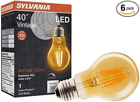 Sylvania A19 LED Vintage Light Bulb, 40W Equivalent Efficient 4.5W, 13 Year, 380 Lumens, Dimmable, Amber Glow - (75347) (Pack of 6)