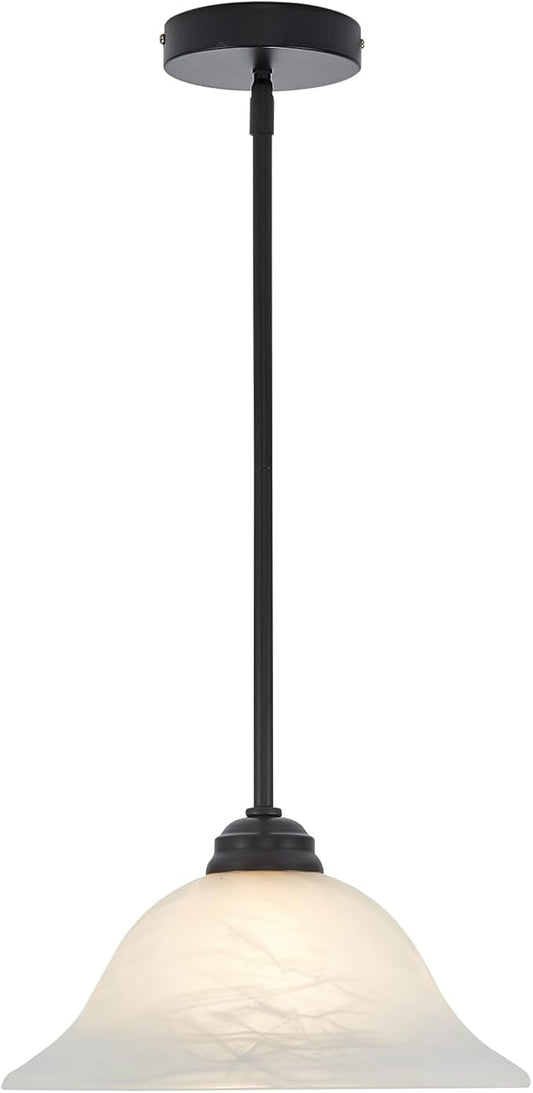 Modern Alabaster Glass Pendant Light Adjustable Rod Pendant Lighting Fixture for Kitchen Sink Bar Dining Room, 12“D (Black)