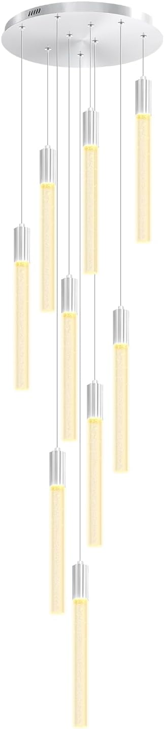 9-Light Silver High Ceiling Crystal Staircase Chandelier, Modern Spiral Raindrop Crystal Column Bubble Dimmable LED Cluster Hanging Chandeliers for Foyer Living Room Entrance