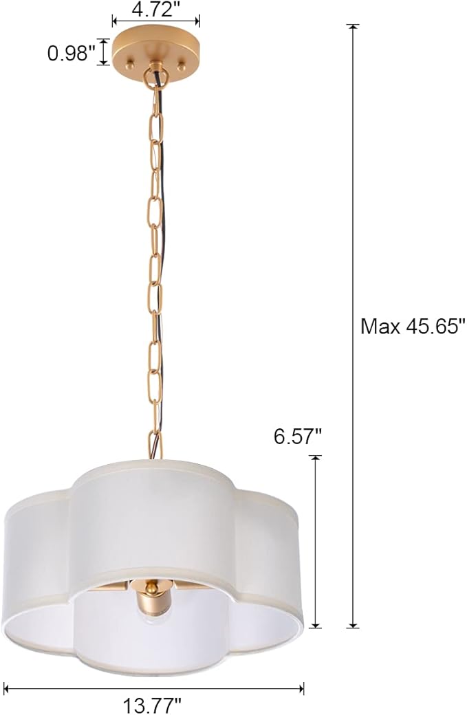VILUXY Farmhouse Chandelier White Linen Fabric 4 Lights Pendant Light Flower Round Drum Chandelier with Gold Light Fixture for Bedroom Dining Room Living Room