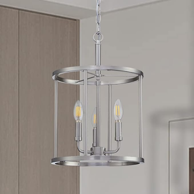 3-Light Hanging Lantern Pendant Light Fixture Brushed Nickel Finish Geometric Chandelier Adjustable Chain Metal Cage Pendant Lighting for Kitchen Island Dining Room Foyer