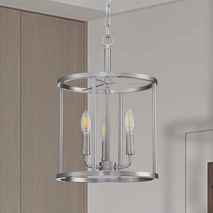 3-Light Hanging Lantern Pendant Light Fixture Brushed Nickel Finish Geometric Chandelier Adjustable Chain Metal Cage Pendant Lighting for Kitchen Island Dining Room Foyer