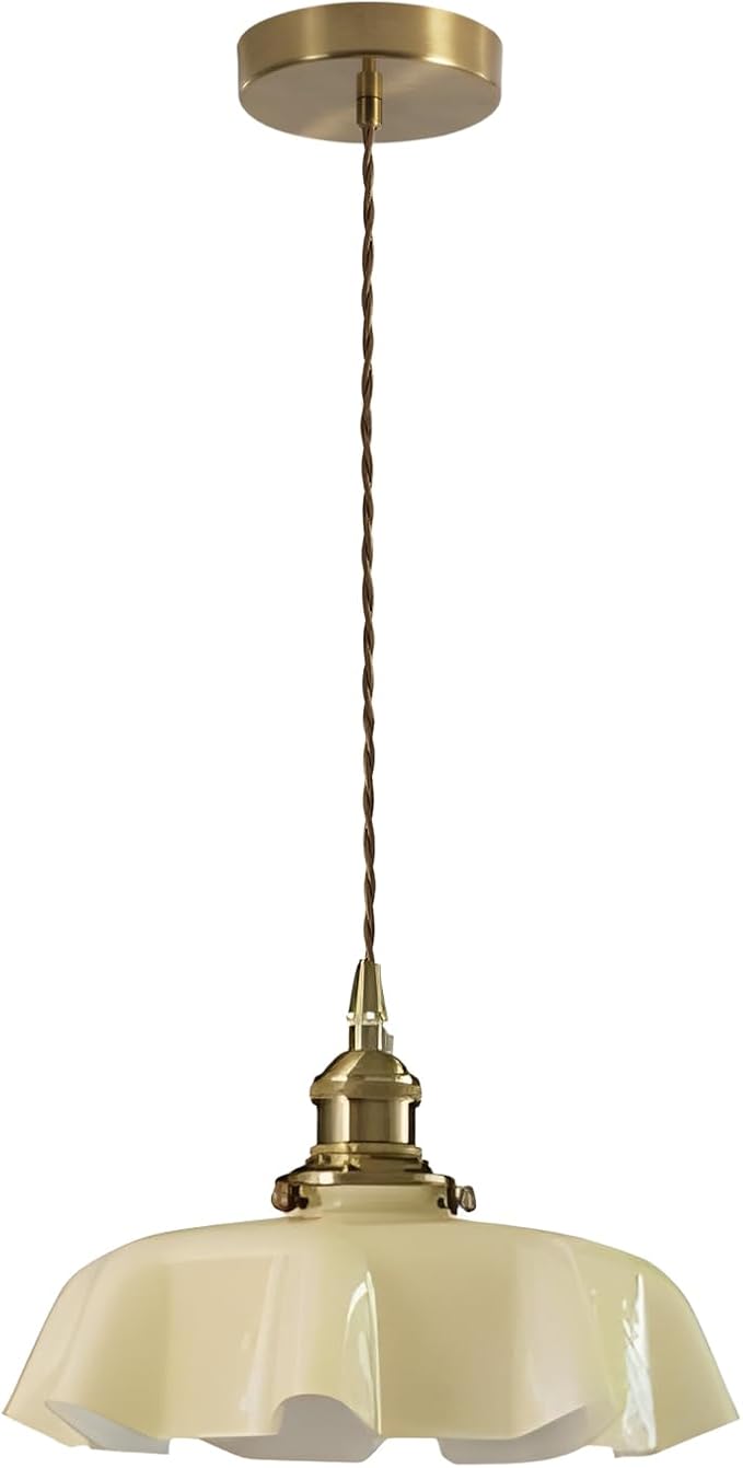 Vintage Glass Pendant Light,Gold Brass Pendant Lights Body,Adjustable Height Hanging Light Fixture for Kitchen Island Dining Room Living Room,Color Creamy Yellow