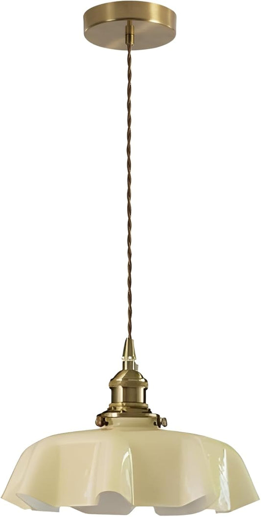 Vintage Glass Pendant Light,Gold Brass Pendant Lights Body,Adjustable Height Hanging Light Fixture for Kitchen Island Dining Room Living Room,Color Creamy Yellow