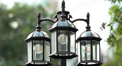 Aluminum Outdoor Lamp Post Birdcage, Hardwired Street Light Post for Outside, 3-Head Pole Light Modern Lamp Post Outdoor Lighting with Clear Glass Panels for Garden Patio Backyard Walkway Driveway