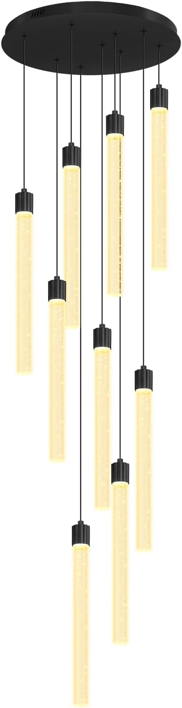 Modern 9-Lights Black Crystal Column Chandeliers for Entrance Dimmable LED Pendant Lighting Hanging Lights for Dining Room Bedroom Foyer Staircase Living Room