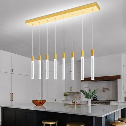 8-Light Gold Rectangular LED Chandelier, Bubble Crystal Column Chandeliers, Modern Dimmable Adjustable Height Hanging Light for Kitchen Island, Over Dining Room Table