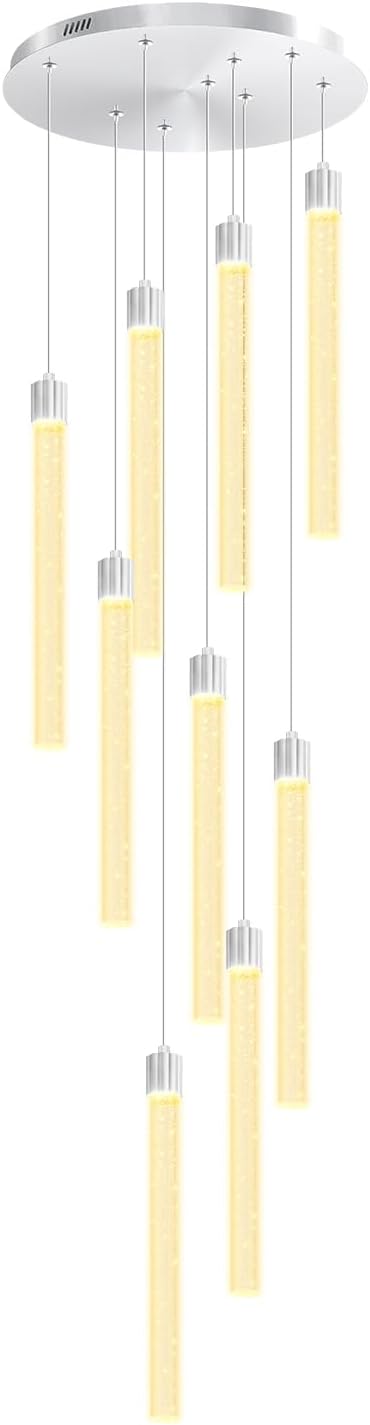 Modern 9-Lights Silver Crystal Column Chandeliers for Entrance Dimmable LED Pendant Lighting Hanging Lights for Dining Room Bedroom Foyer Staircase Living Room