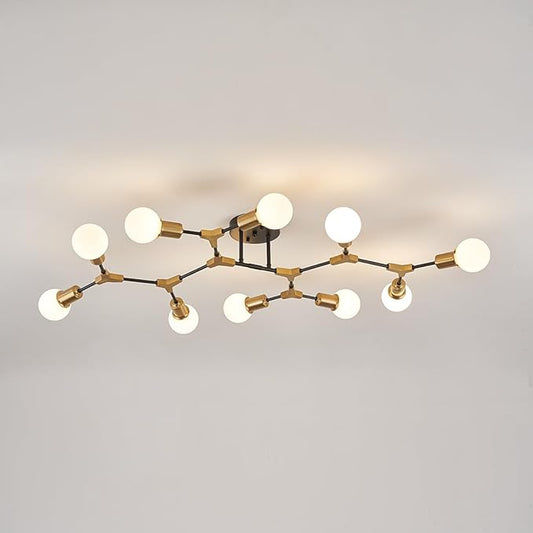 Mid Centur Modern 10 Light Semi Flush Mount Ceiling Lighting Fixture for Dining Room Living Room Bedroom Aisle Kitchen Restaurant,Metal Gold and Black Sputnik Chandelier