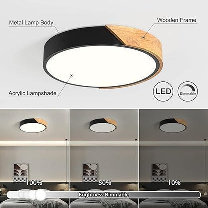 Modern Dimmable Wood Ceiling Light, Minimalist LED 5CCT 2700K-6000K Flush Mount Ceiling Light Fixture, Round Lighting Lamp for Bedroom, Laundry Room, Hallway, Entryway, Black, 11.8"