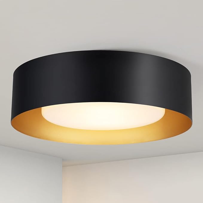 Yiisem Modern Black and Gold Flush Mount Ceiling Lights, 16.5" Minimalist Glass Round Ceiling Lighting, Drum Close to Ceiling Light Fixtures for Living Room, Bedroom, Dining Room, Kitchen, Hallways