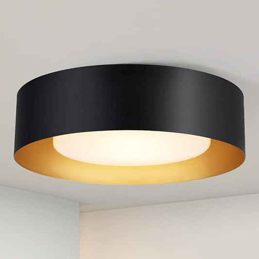 Yiisem Modern Black and Gold Flush Mount Ceiling Lights, 16.5" Minimalist Glass Round Ceiling Lighting, Drum Close to Ceiling Light Fixtures for Living Room, Bedroom, Dining Room, Kitchen, Hallways