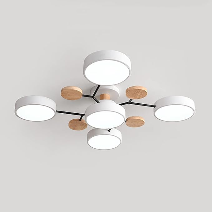 Dimmable LED Flush Mount Ceiling Light Fixture with 3000K-6000K Light Color Adjustable,40W 30Inch Chandelier Modern Wooden Ceiling Lamp for Bedroom Kitchen,5-Lights Indoor Lighting White Pendant Light