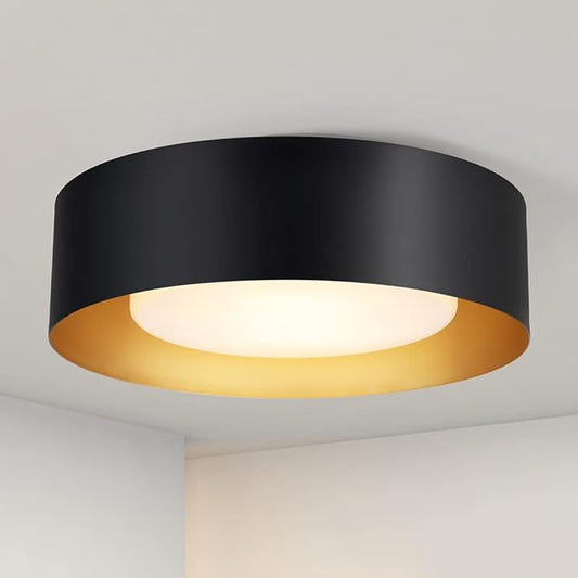 Yiisem Modern Black and Gold Flush Mount Ceiling Lights, Glass Round Ceiling Lighting, Minimalist Drum Close to Ceiling Light Fixtures for Bedroom, Dining Room, Bathroom, Hallways, Living Room