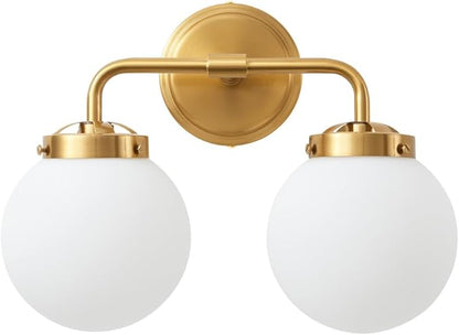 Bathroom Vanity Light Fixtures Over Mirror, Modern Brass Gold 2 Lights Wall Sconce Lighting with Milky Glass Ball Shades, Mid Century Farmhouse Bathroom Lighting