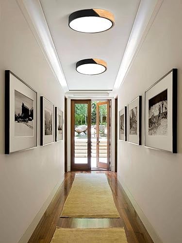 Modern Dimmable Wood Ceiling Light, Minimalist LED 5CCT 2700K-6000K Flush Mount Ceiling Light Fixture, Round Lighting Lamp for Bedroom, Laundry Room, Hallway, Entryway, Black, 11.8"