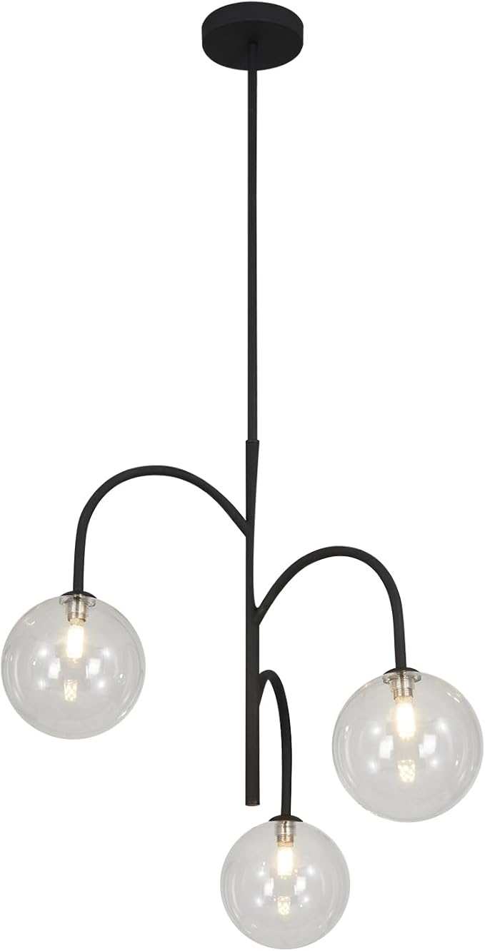 3-Light Clear Glass Globe Chandelier Farmhouse Black Pendant Lights Kitchen Island Light Modern Dining Room Chandelier Mid Century Sputnik Ceiling Light Fixture