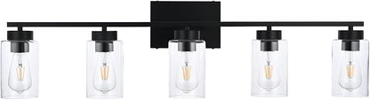 5 Light Bathroom Vanity Light Fixtures, Matte Black Modern Wall Lights with Clear Glass Shade, Vintage Wall Sconce Lighting for Living Room, Mirror, Bedroom, Hallway (Black, 5-Lights)