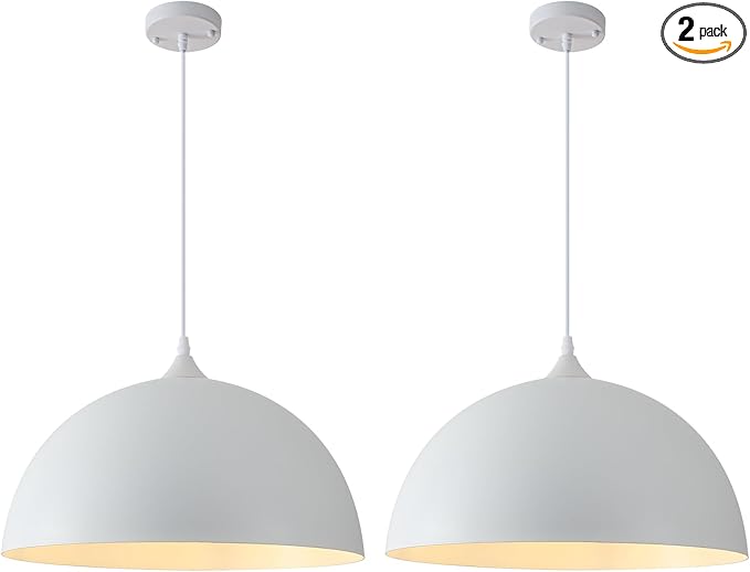 White Pendant Lights Kitchen Island, 16 Inch White Dome Pendant Light, Modern Farmhouse Pendant Light for Kitchen Island, Dining Room, Cafe, Bar, 2 Pack