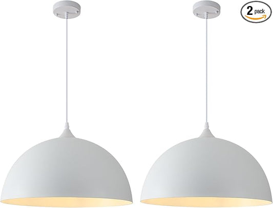 White Pendant Lights Kitchen Island, 16 Inch White Dome Pendant Light, Modern Farmhouse Pendant Light for Kitchen Island, Dining Room, Cafe, Bar, 2 Pack