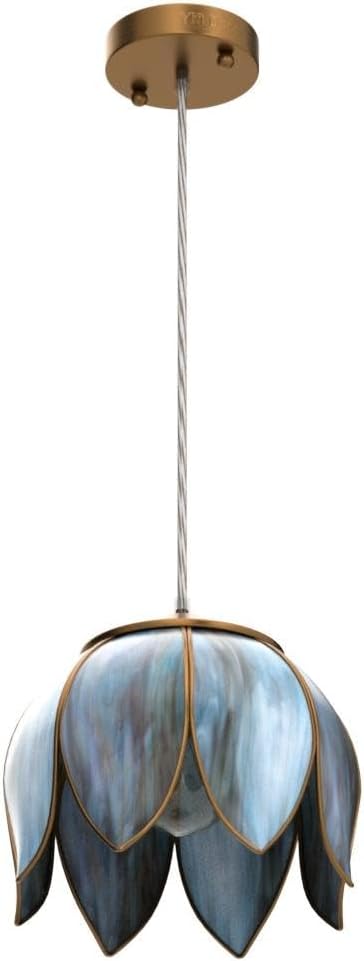 Brass Glass Ceiling Pendant Light, Hanging Chain lamp, with Vintage Lotus Flower Glass Shade for Kitchen Island Dining Room Bedroom Living Room-9.25" Stained Glass Shade