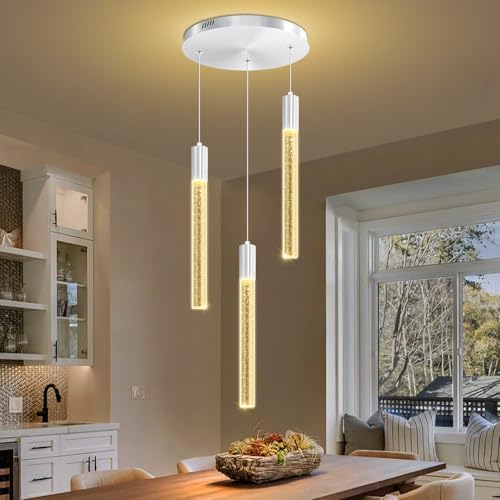 Modern LED Bubble Crystal Chandelier Dimmable Pendant Light Kitchen Island Dining Room Living Room Foyer Corner Hanging Ceiling Fixture Silver 3-Light