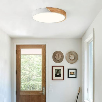 Modern Dimmable Wood Ceiling Light, Minimalist LED 5CCT 2700K-6000K Flush Mount Ceiling Light Fixture, Round Lighting Lamp for Bedroom Living Room Dining Room Laundry, White, 15.8"