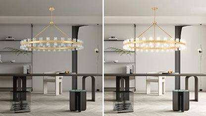 60 Inch Gold Wagon Wheel Chandelier with Crystal Shade, 60 Lights, Modern Farmhouse Style, Ideal for Dining Room, Kitchen, Entryways