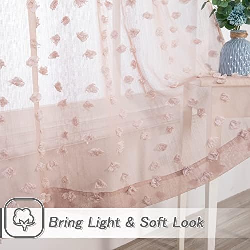 MYSKY HOME Pink Sheer Short Curtains for Small Windows Kitchen 45 inch Long with Pom Pom Bedroom Nursery Kids Girls Room Curtains Cafe Light Filtering Boho Drapes, Rod Pocket,52" Wide, 2 Panels
