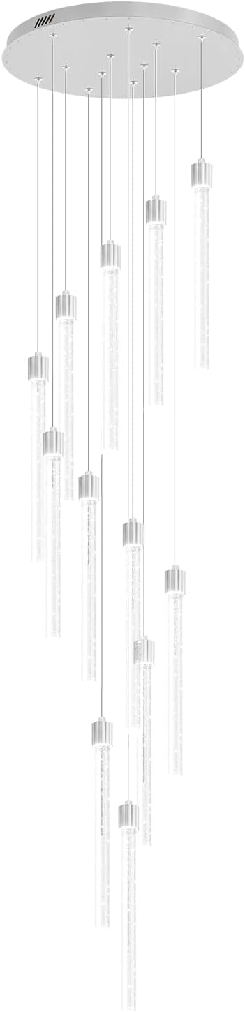 118'' Modern Glam Crystal Column Chandelier for High Ceiling LED Dimmable Pendant Light Staircase Foyer Enterway Living Room Ceiling Chandelier Lighting Silver 12 Lights