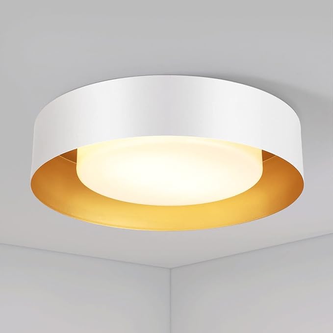 Yiisem Modern White and Gold Flush Mount Ceiling Lights, 16.5" Minimalist Glass Round Ceiling Lighting, Drum Close to Ceiling Light Fixtures for Living Room, Bedroom, Dining Room, Kitchen, Hallways
