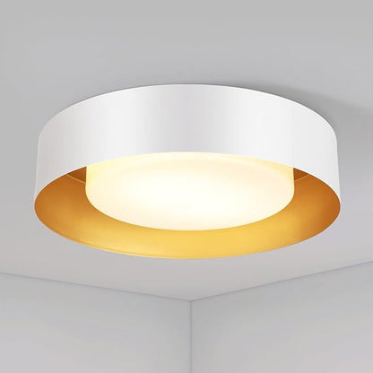 Yiisem Modern White and Gold Flush Mount Ceiling Lights, 16.5" Minimalist Glass Round Ceiling Lighting, Drum Close to Ceiling Light Fixtures for Living Room, Bedroom, Dining Room, Kitchen, Hallways