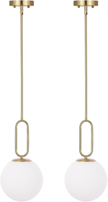 Modern Gold Globe Pendant Light White Globe Glass Shade 2 Pack Brushed Brass Finished Adjustable Rods Hanging Light Fixtures for Kitchen Island Living Room