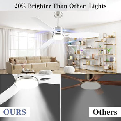 52 Inch Ceiling Fans with Lights and Remote Control - Outdoor Indoor Flush Mount Low Profile Silver White Ceiling Fans for Living Room,Bedroom,Patio