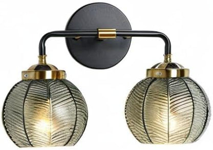Mid Century Vanity Light Black Bathroom Wall Light Fixtures Green Glass Wall Sconce lamp Ribbed Glass Shade Modern Art Deco Vanity Lights for Over Mirror Bedroom Hallway 2 Lights