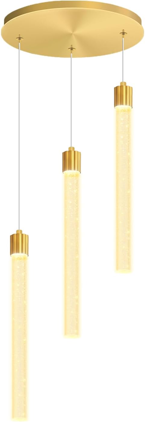 Led Crystal Column Chandelier for Dining Room 3-Light Gold LED Pendant Light for Kitchen Island Foyer Entryway Dimmable Hanging Pendant Lighting 2700K-6000K
