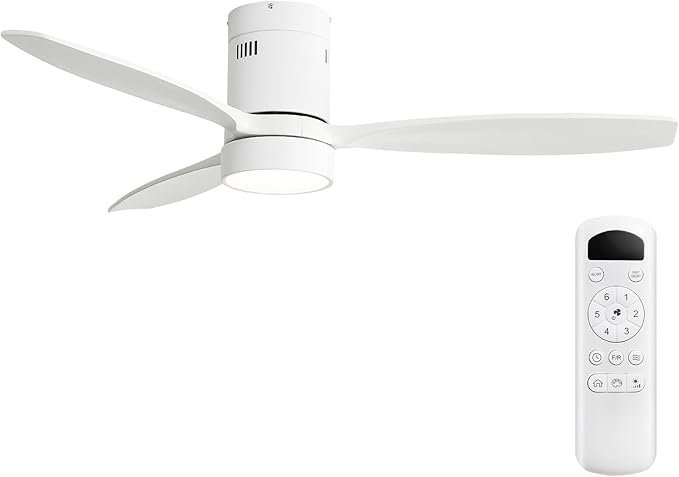 Sofucor 52 Inch Ceiling Fans with Lights and Remote, Modern Wood Low Profile Flush Mount Quiet White Ceiling Fan for Bedroom, Reversible DC Moto for Living Room/Farmhouse/Patio/Indoor/Outdoor