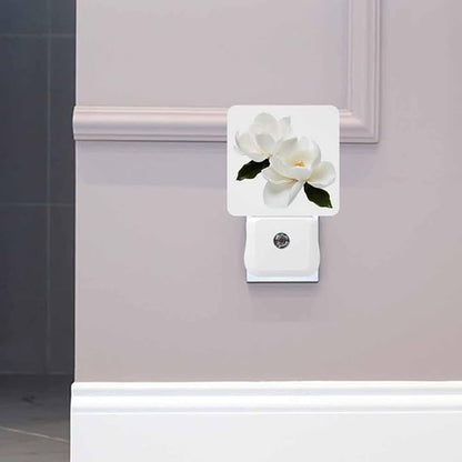Magnolia Flower Night Light Plug-into Wall White Flowers and Green Leaves Nightlight Lamp with Dusk to Dawn Sensor, Led Lamp 0.5W Energy Efficient for Home Decor