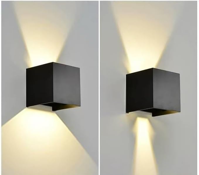 2 Pack Hardwired Compact Modern Black Wall Sconces Set, Up Down LED Light 3000K Warm White, BUILT-IN LEDs INCLUDED, 4x4x4" Matte Aluminum Indoor Outdoor Waterproof, Cube Lamps, Porch, Hallway, Bedroom