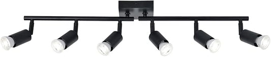 6-Light Kitchen Track Lighting, Black Adjustable GU10 Track Ceiling Light Kit, Industrial Flush Mount Ceiling Spotlight Fixture for Hallway, Dining Room