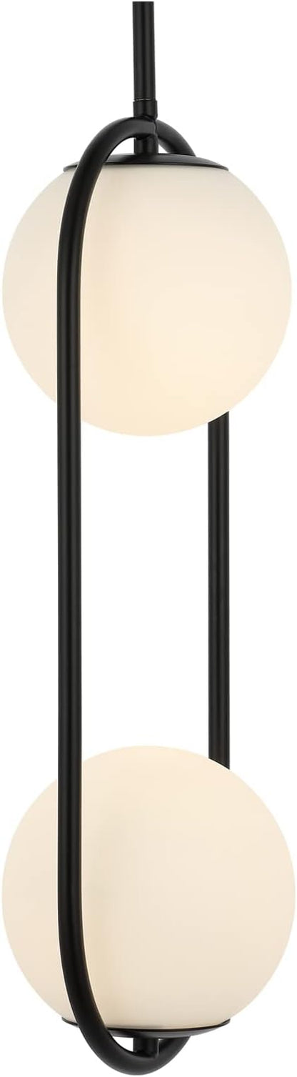 BYOLIIMA 2-Lights Modern Globe Chandelier Mid Century Pendant Light Matte Black Ceiling Hanging Lighting Fixture with White Globe Glass Lampshade for Kitchen Island Dining Room Bedroom