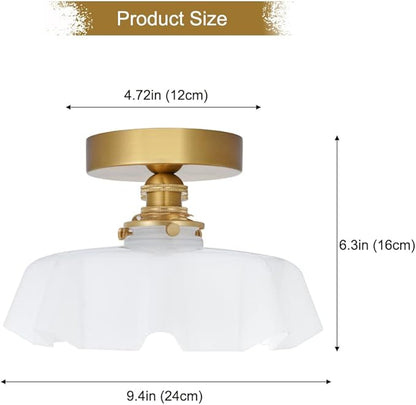 9.4in Vintage Brass Gold Semi Flush Mount Ceiling Light with Milk White Glass Shade, Farmhouse Antique Ceiling Lighting Fixture for Hallway Closet Small Room Kitchen Entryway Porch, Bulb Not Included